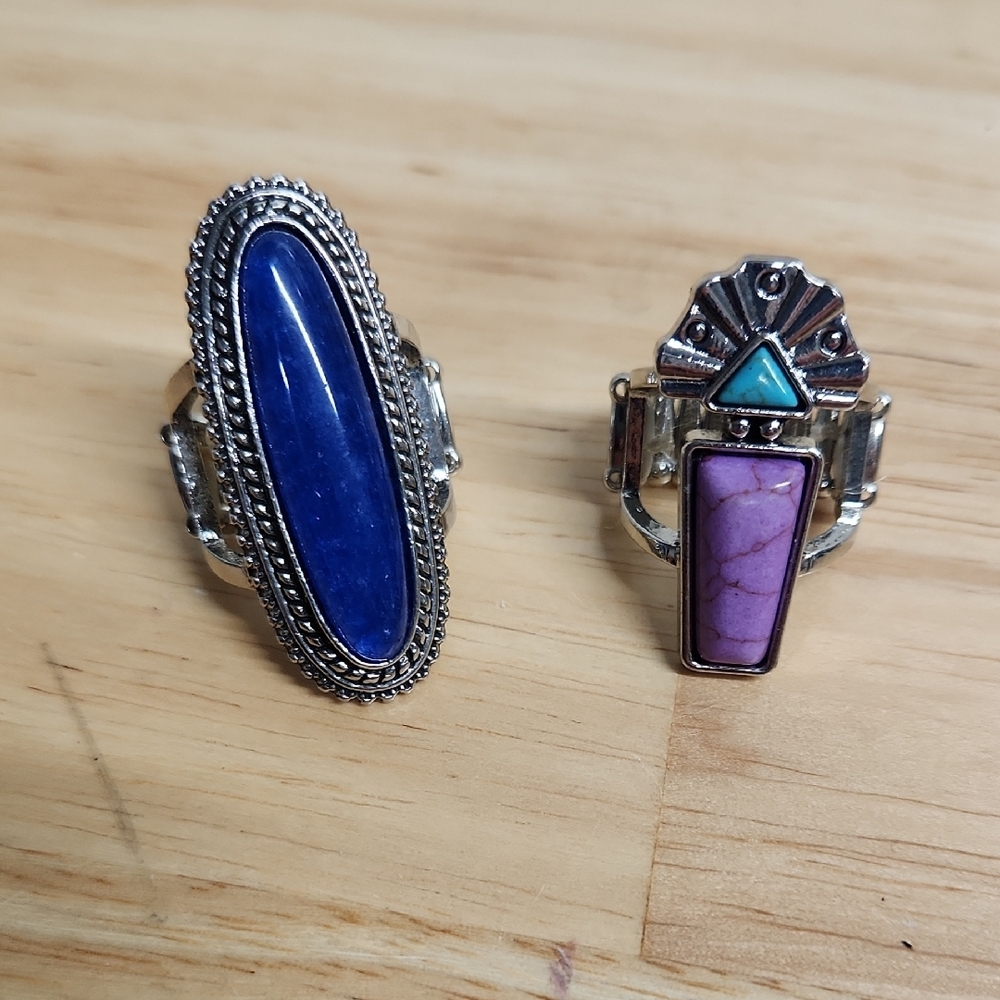 Statement Rings Silver and Blue  Rings with Intricate Metalwork X 2